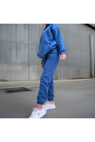 Ceyss Design Unisex Üç İplik Şardonlu Oversize Hoodieli Eşofman Takımı-indigo İndigo