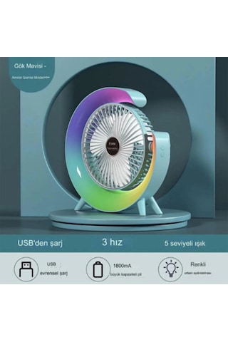 Masaüstü Vantilatör Usb Şarjlı Rgb Led Işıklı 3 Kademeli 180 Ayarlanabilir Soğutucu Fan Mavi - 9067609712148ynt