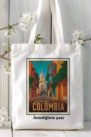 Art Hediye Colombia Baskılı Bez Çanta Omuz Çantası Kişiye Özel Desen Çok Renkli