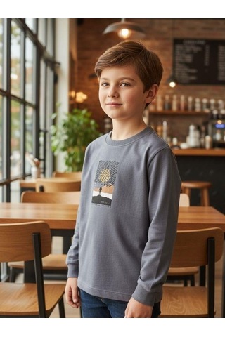 Zekids Erkek Çocuk Pamuklu Manzara Baskılı İnce Uzun Kollu Sweatshirt-16341 Gri