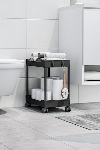 Siyah 2 Katlı Tekerlekli Düzenleyici Mutfak Ve Banyo Rafı