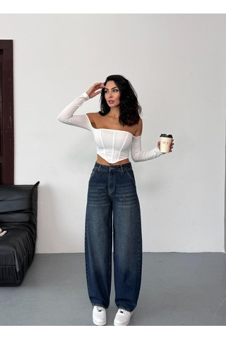 Kadın Mavi Eskitmeli Skater Fit Yüksek Bel Pantolon Lacivert-tintli
