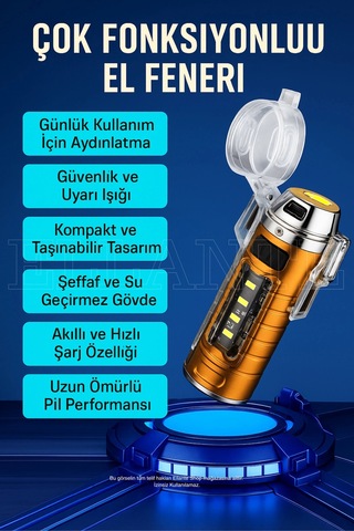Çok Fonksiyonlu Şarjlı Led El Feneri & Rüzgar Geçirmez Elektrikli Çakmak Çok Renkli