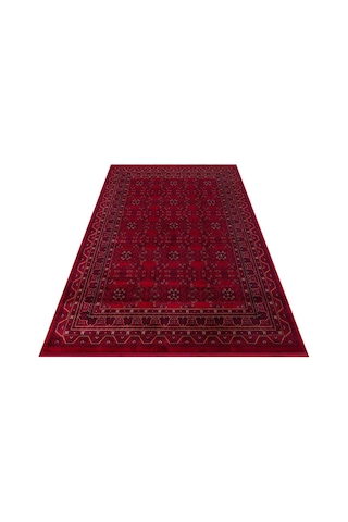 Eko Halı Herat Her 04 Red Afgan Desenli Viskon Sıkı Dokuma Kaymaz Tabanlı İnce Makine Halısı Kırmızı - Kırmızı