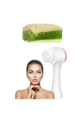 2'li Cilt Bakım Kabak Lifli Keçi Sütü Aloe Vera Sabun Çift Taraflı Yüz Temizleme Fırçası