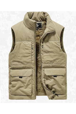 Kalın Polar Retro Çok Cepli Dik Yaka Erkek Yeleği... Siyah