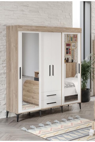 Afilli Ildır Sürgülü 2 Kapaklı 2 Çekmeceli Gardrop Beyaz Tamamı M