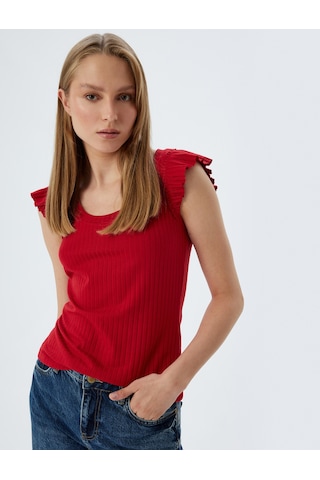 Koton Fırfırlı Karpuz Kol Tişört Yuvarlak Yaka Ribanalı Slim Fit Kırmızı 5wak10179ek Kırmızı