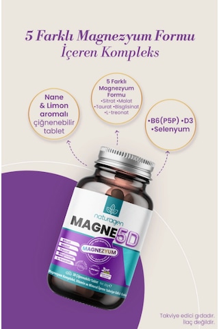 Naturagen Magne5d Magnezyum Kompleksi 200mg 2x30 Çiğnenebilir Tablet Nane & Limon Aromalı