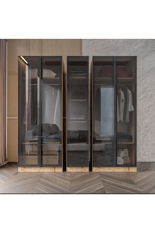 Yıldız Füme Camlı Alimünyum Kapaklı 2 Çekmeceli Giyinme Dolabı Led Askılıklı Tamamı Mdf Safir Meşe