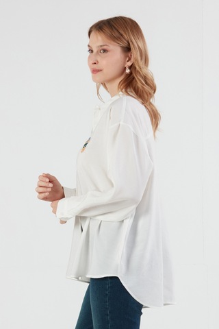 Fullamoda Ayıcık Nakışlı Uzun Kollu Oversize Modal Gömlek Ekru