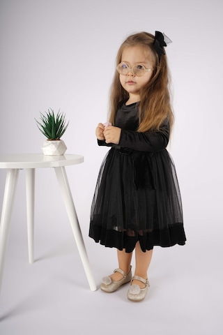 Kız Çocuk Yılbaşı Temalı Fiyonklu Eteği Tül Uzun Kol Elbise Siyah