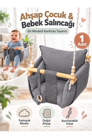 Ahşap Çocuk & Bebek Salıncağı Gri Renk Minder Yastık Ve Diş Halkalı Tavan Salıncak
