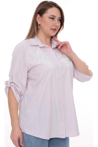 Lady Majestic Büyük Beden Cotton Nakış Detaylı Çizgili Gömlek Şık Ve Rahat Pudra
