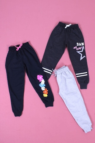 Fyk Kids 3'lü Karışık Desenli, Yüksek Bel Detaylı Kız Çocuk Eşofman Altı Çok Renkli