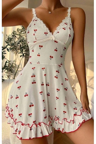 Albonishop Kadın Beyaz Kiraz Baskılı Mini Elbise Askılı Şık Elbise