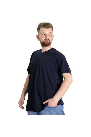 Mode Xl Büyük Beden T-Shirt V Yaka Likralı 20150 Lacivert 001