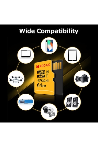 Geeroyoo Kodak 64gb Microsd Hafıza Kartı U3 A1 V30 100mb/s Okuma Hızı 4k Hd Video Kaydı Desteği Akıllı Cihazlar İçin Dayanıklı