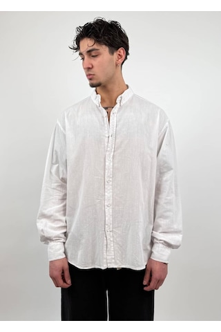 Zaee Oversize Dökümlü Keten Gömlek Beyaz