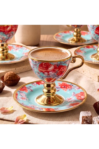 Aryıldız Laura 12 Parça 6 Kişilik Kahve Fincan Takımı Mavi 100 Ml Çok Renkli