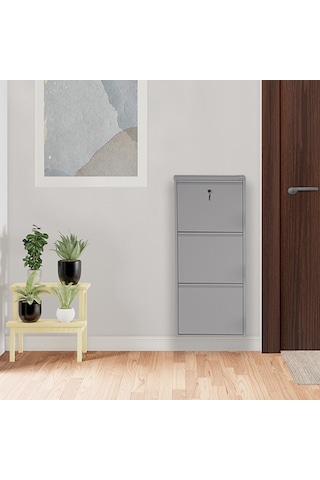 Kilitli 3'lü Metal Ayakkabılık - Gri