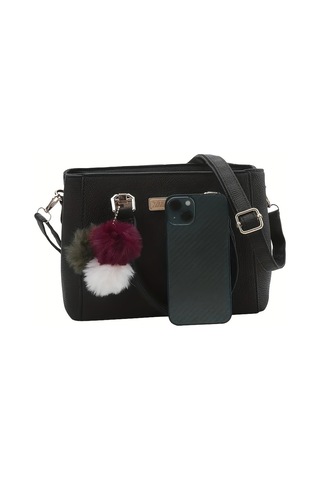 Kadınlar İçin Şık Küçük Çanta, Düz Renk Çapraz Çanta, Ponpon Topu Kolye İle Zarif Üst Sap Siyah