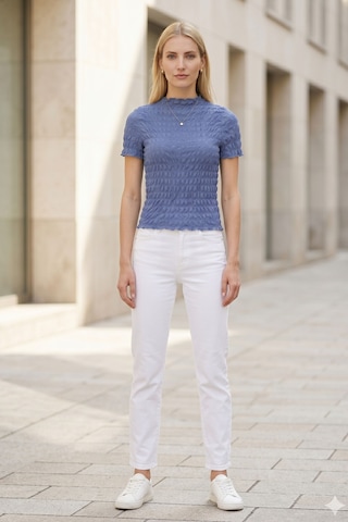 Kadın Mavi Büzgülü Dokulu Bluz Slim Fit Kısa Kol Yüksek Yaka Esnek Modern Şık Üst Bluz