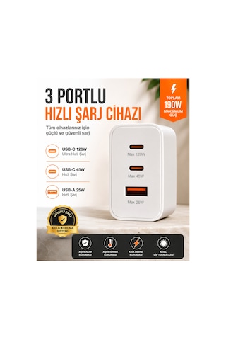 120w Hızlı Şarj Aleti 3 Portlu Usb-c 120w Usb-c 45w Usb-a 25w Pd Turbo Adaptör Apple iPhone Uyumlu Samsung