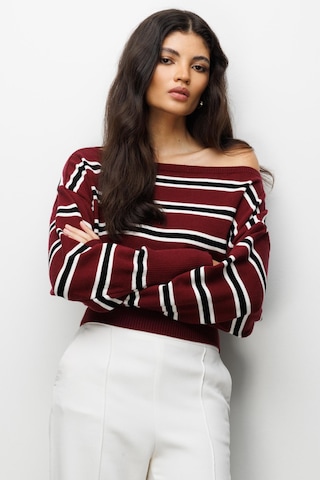 Mixray 6988 Kadın Asimetrik Rib Kesim Kayık Yaka Triko Kazak Bordo