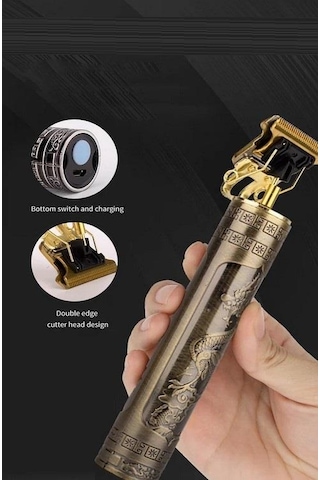 Zhltools Metal Gövdeli Şarjlı T-bıçak Saç Ense Sakal Tıraş Makinesi Ejder Baskılı