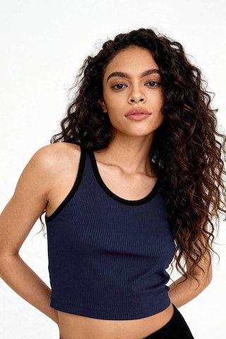 Tommy Life İndigo Basic Sıfır Kol Dar Kalıp U Yaka Kadın Crop Top Atlet - 97160 İndigo