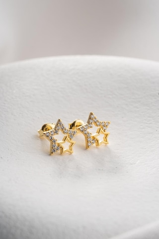 925 Ayar Gümüş Gold Zirkon Taşlı Çift Yıldız Model Küpe Gold