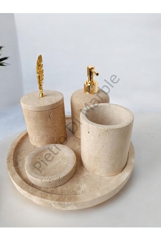 Sarı Traverten Klasik Model 5 Parça Gold Renk Kuş Tüyü Aksesuarlı Banyo Seti Sarı Traverten