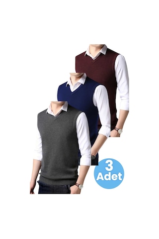 Tezzgelsin 3'lü Erkek V Yaka Triko Tüylenmez Süveter Erkek Slim Fit Süveter Füme - Lacivert - Bordo