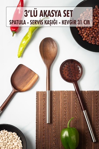Akasya 3 Lü Servis Kaşığı & Servis Kevgiri & Servis Spatulası & Salata Servis Seti