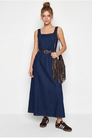 Kadın Geniş Yaka Askılı Kemerli Kloş Denim Elbise 6084 60286108 - Lacivert
