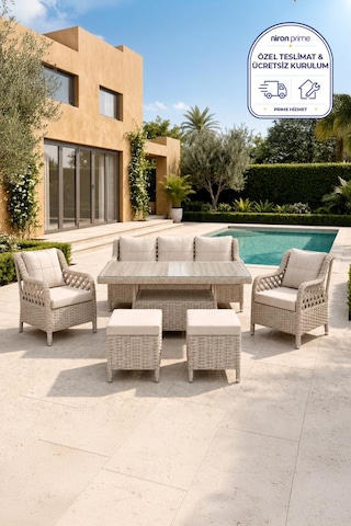 Niron Grand 3'lü Rattan Alüminyum Bahçe Oturma Grubu - Cappucino Temperli Cam Set 3+1+1+puf Diğer