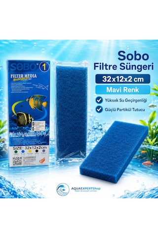Sobo Akvaryum Filtre Süngeri 32x12x2 Cm - Üstün Temizlik Gücü Ve Yüksek Su Geçirgenliği - Mavi Renk