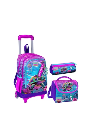 Coral High Pembe Mor Kaplumbağa Üçlü Çekçek Işıklı Tekerlekli Çanta Seti - Kız Çocuk