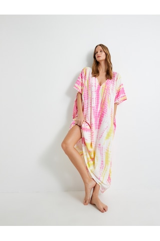 Koton Uzun Plaj Elbisesi Oversize Batik Desenli V Yaya Viskoz Kumaş Pembe Desenli 4sak80012mw Pembe