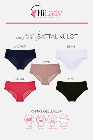 Kadın Külot, Orta Yüksek Bel Büyük Beden Külot 4xl-5xl-6xl 5 Adet, Yumuşak Pamuklu Rahat Kumaş Siyah - Bordo - Lacivert