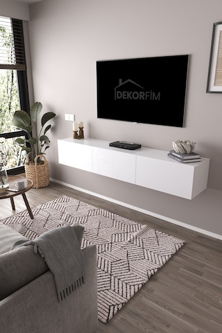 Df17103 Dolaplı Duvara Monte Tv Ünitesi 180 Cm Modern Askılı Dekoratif Stil Tv Sehpası Beyaz