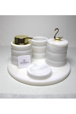 5 Parça Lüks Gold Detaylı %100 Mermer Banyo Seti Beyaz