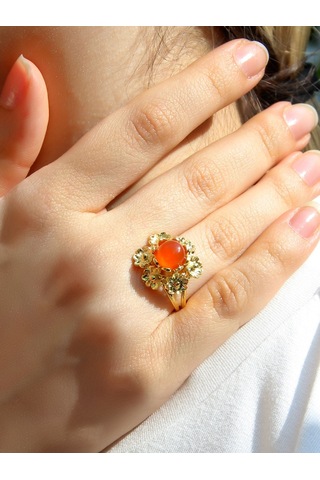 Esha Store Doğal Taş Akik Doğal Taşlı Çiçek Model Telkari Kadın Ayarlanabilir Altın Kaplama Yüzük Euy61ag Kırmızı