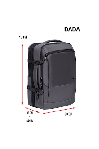 Körüklü Laptop Sırt ve Seyahat Çantası 15,6 İnç 40 Litre Usb Su Geçirmez Kumaş Gri Dada 12