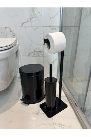 lyla concept Lilyum Banyo Tuvalet Kağıtlık Askılı Fırçalı Ve Çöp Kovası Seti Siyah
