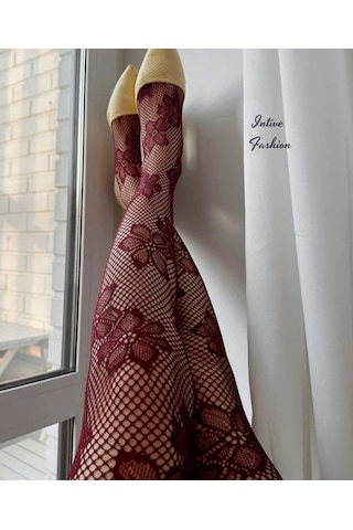 Intive Fashion Jane Büyük Çiçek Desenli File Modern Külotlu Çorap Bordo-siyah Bordo