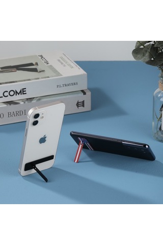 Suofeng Tam Metal Cep Telefonu Tutucu: Ince, Gizli Arka Yapışkan, Katlanabilir Masaüstü Destek, Siyah Lakalı, Pratik Kullanım