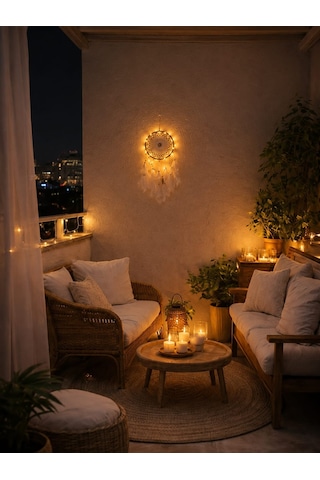 Led Işıklı Düş Kapanı Dreamcatcher Beyaz Kuş Tüyü Rüya Kapanı Duvar Süsü Elişi Beyaz