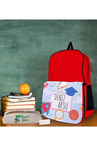 Bk Gift Kişiye Özel İsimli Kırmızı Okul Çantası Ve Kalemlik Hediye Seti-5